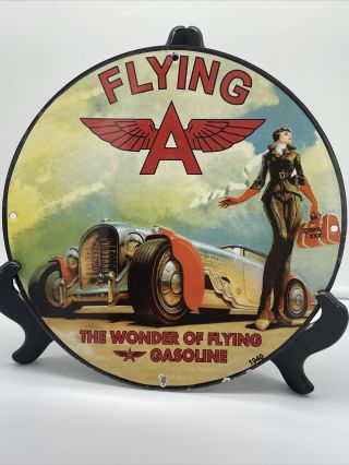 1940 Vintage  Flying - A - Gasoline " Porcelain Enameled Sign 12  Round