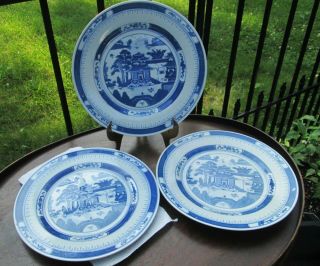 Vintage Chinese Canton ? Blue & White Porcelain Pagoda Temple Dinner Plate Set 5