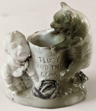 Teddy And The Bear Antique Figural Roosevelt Toothpick Holder,  Made In Germany