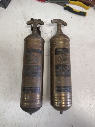 2 Antique Pyrene Vintage Fire Extinguisher No U / No T 1 With Bracket Both Empty