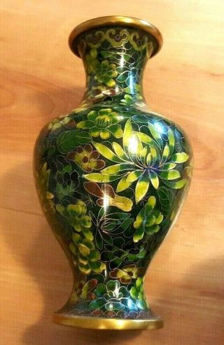 Old Vintage Chinese 7.  5 " Cloisonne Green Enamel Brass Censer Vase Ginger Jar