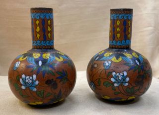 Antique Chinese Cloisonné " Bud Vases " In Brown With Floral Design