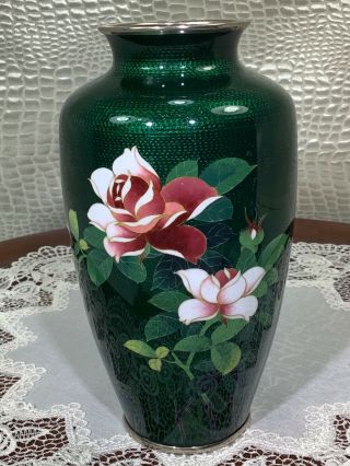 Japanese Cloisonne Signed,  Emerald Green Silver Wire Roses Floral Vase 7 1/8” T