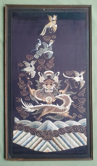 Fine Antique Chinese Silk Panel Depicting A Dragon And Birds.  19th Century