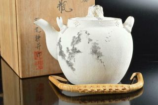 7732: Xf Japanese Banko - Ware Landscape Pattern Teapot Kyusu Sencha W/signed Box