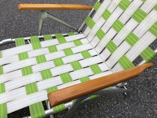 Vtg Folding Chaise Lounge Green/white Aluminum Webbed Wood Armrest Lawn Chairs