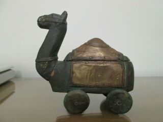 Vintage Wooden Camel On Wheels With Copper Saddle Blanket