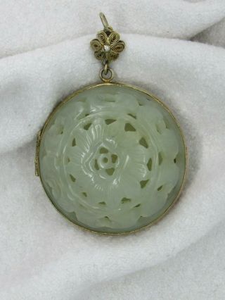 Vintage Chinese Export Carved Light Green Jade Scent Locket Large Gold Filled