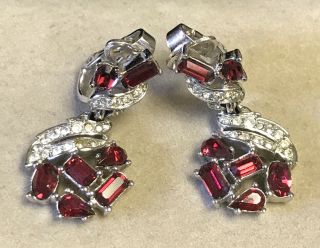 Vintage Crown Trifari Diamante & Ruby Clip On Dangle Earrings