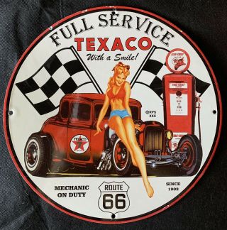 Vintage Style Texaco Full Service.  Route 66 Pin - Up Porcelain Sign 12 Inch