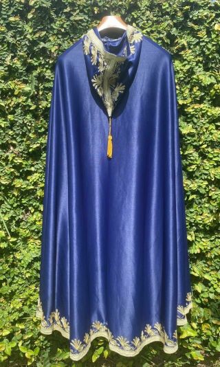 Vtg 70s Moroccan Blue Silham Cape Hooded Cloak Poncho Maxi Festival Gold Thrwad
