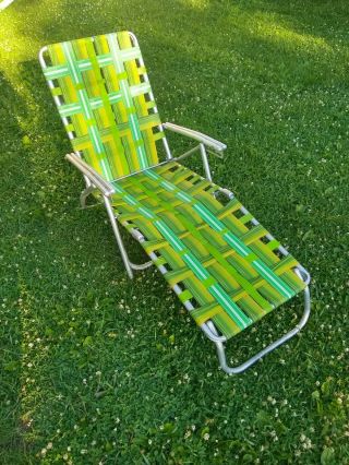 Vtg Aluminum Webbed Folding Beach Lawn Chair Chaise Lounge Green Gold Brown
