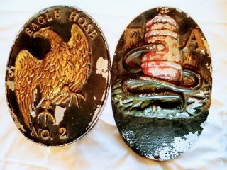 Vintage Two Eagle Hose No.  2 Cast Iron Firefighter Fire Wall Plaques