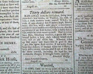Slaves Slavery Advertisements & Ships Rare 1798 Baltimore Md Maryland Newspaper