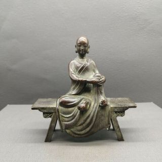 Old Chinese Buddhism Pure Copper Bench Rohan Buddha Contemplation Statue