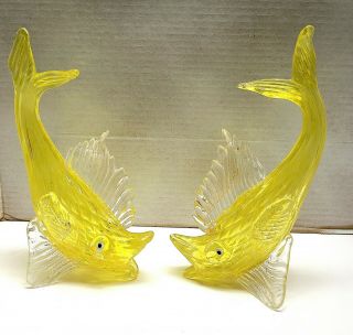 Vintage Pair Murano Yellow Glass Fish Open Mouth