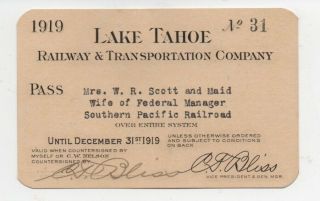 Rare 1919 Railroad Pass Lake Tahoe Railway & Transportation Co Wife Sp Manager