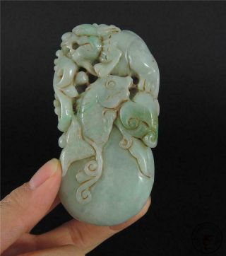Old Jadeite Emerald Jade Pendant Netsuke Lotus,  Ruyi,  Dragon & Fish