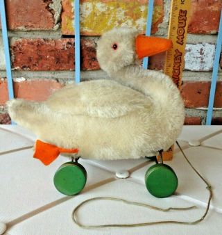 Vintage Steiff Mohair Goose On Wooden Wheels - A Us Zone Germany Pull Toy Bird