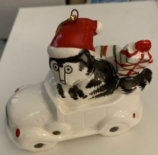 Vintage Kliban Cat Christmas 1982 Ornament Driving Car In Santa Hat With Gifts