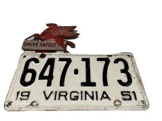 1951 Virginia License Plate 647 - 173 With Mobil Pegasus Topper