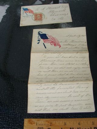 Rare Civil War Soldier Letter & Envelope With Us Flag Interesting Content