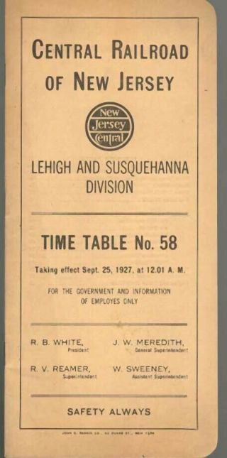 Central Railroad Of Jersey Lehigh Susquehanna Division Ett 1927 Crrofnj Njc