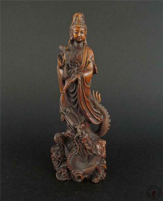 Fine Old Chinese Boxwood Carved Kwanyin On Dragon Statue Blessing & Auspicious