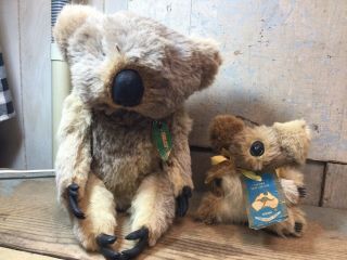 2 Vintage Real Australia Kangaroo Fur Koala Bears Plush Stuffed Toys With Tags