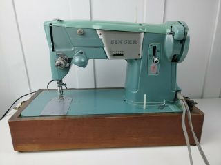 Vintage Green Singer 327k Sewing Machine W/ Foot Pedal And Wood Case