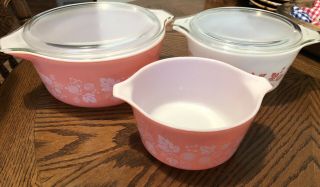 Vintage Pyrex Pink Gooseberry Mixing/casserole Dishes 473,  474,  475