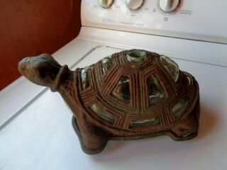 Vintage Cast Iron Turtle Tortoise Candle Holder Blown Glass Insert