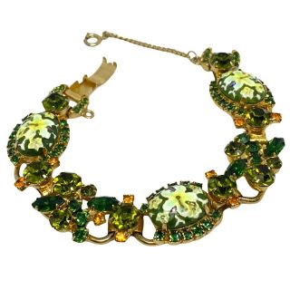 Vintage Juliana D & E Green Rhinestone Art Glass (5) Link Bracelet