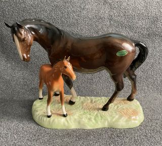 Vintage Beswick Mare And Orange Bay Foal Model 953 England Horse Ceramic