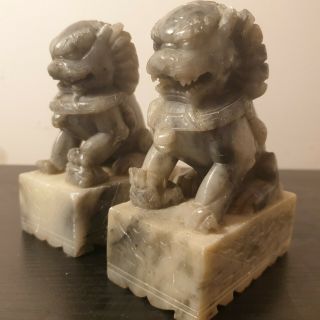 Stunning Antique Chinese Heavy Fine Carved Soapstone Foo Dog Bookends