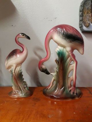 2 Vintage Mid - Century Porcelain Pink Flamingo Porcelain Ceramic Figurines