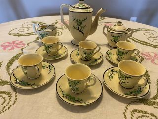 Antique Vintage Moriyama Set Cups Saucers Teapot Green Cherry Blossom