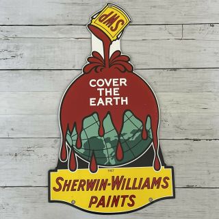 Vintage Sherwin Williams Paints Cover The Earth Porcelain Gas Oil Station Sign