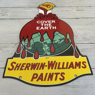 VINTAGE SHERWIN WILLIAMS PAINTS COVER THE EARTH PORCELAIN GAS OIL STATION SIGN 2