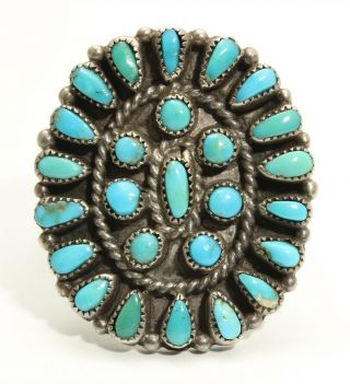 Vintage Zuni Sterling Silver Old Pawn Petitpoint Turquoise Cluster Ring Sz8