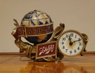 Vintage 1976 Schlitz Beer Bar Advertising Light Rotating Globe Clock Man Cave