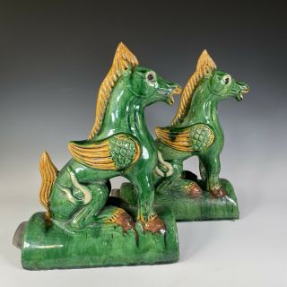 Antique Chinese Sancai Glazed Ceramic Roof Tiles Longma Pegasus Qing Dynasty