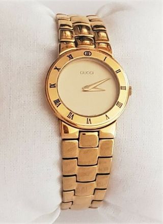 Vtg Gucci Watch 3300l Ladies Swiss 7 Jewels Gold Plated Roman Numerals Exc