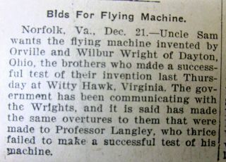 1903 Newspaper Wright Brothers 1st Airplane Flight Kitty Hawk North Carolina