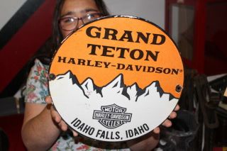 Harley Davidson Motorcycle Dealer Grand Teton Idaho Gas Oil Porcelain Metal Sign