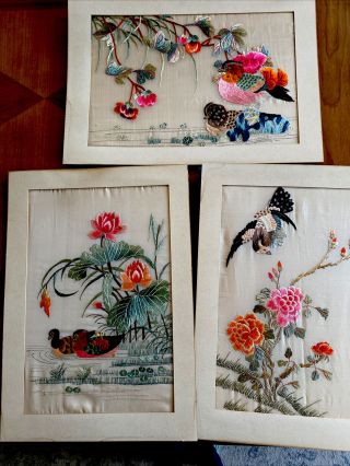 3 Vintage Japanese Silk Embroidered Picture Asian Oriental - Birds/ducks/flowers