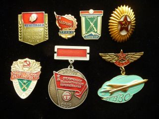 Set Of 7 Ussr Soviet Badge Aviation Lenin Hunting