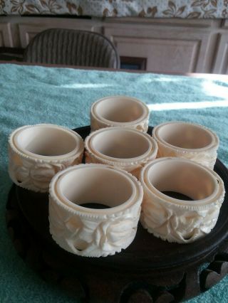 Antique/vintage Chinese Carved Napkin Rings Set Of 6