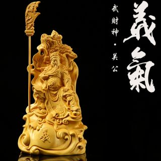 Boxwood Wood Carving Guan Yu Gong Statue Warrior God Handcarved Sculpture Amulet