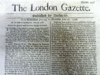 1708 London Gazette Newspaper W Death Of Sixth Persian Mughal Emperor Aurangzeb